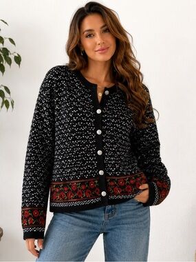 Vintage Tally-Ho Nordic Floral Knit Cardigan Sweater Black White L